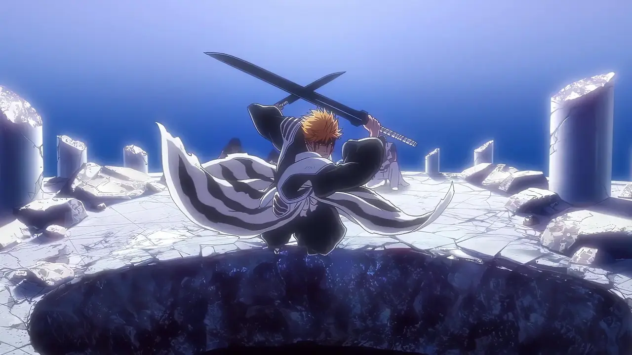 Bleach battle scene with fighters clashing